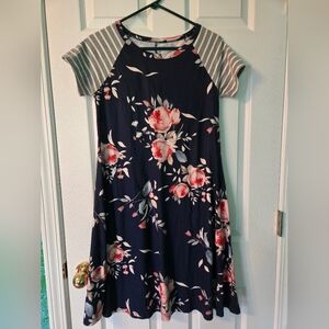 Striped Floral Short-Sleeve Dress, Size S